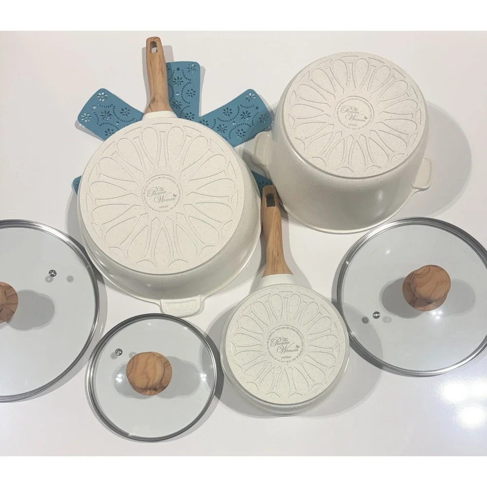THE PIONEER WOMAN Cookware Set - Cream Speckle Wood Handles 6pc Set - NEW
